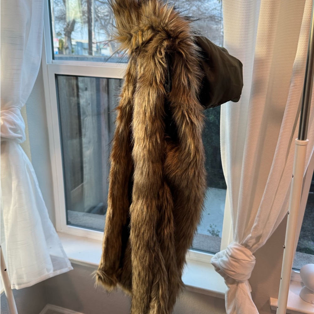 Silence + Noise Olive Green Puffer Jacket with detachable Fur long vest